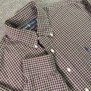 Polo Ralph Lauren Shirt  Mens 16.5 34/35 Large Custom Fit Plaid Green Burgundy